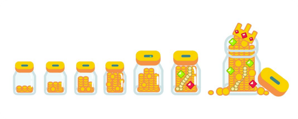 Frame 14 Incrementally sized pixelated jars containing coins called Attender Coins, for gamification.