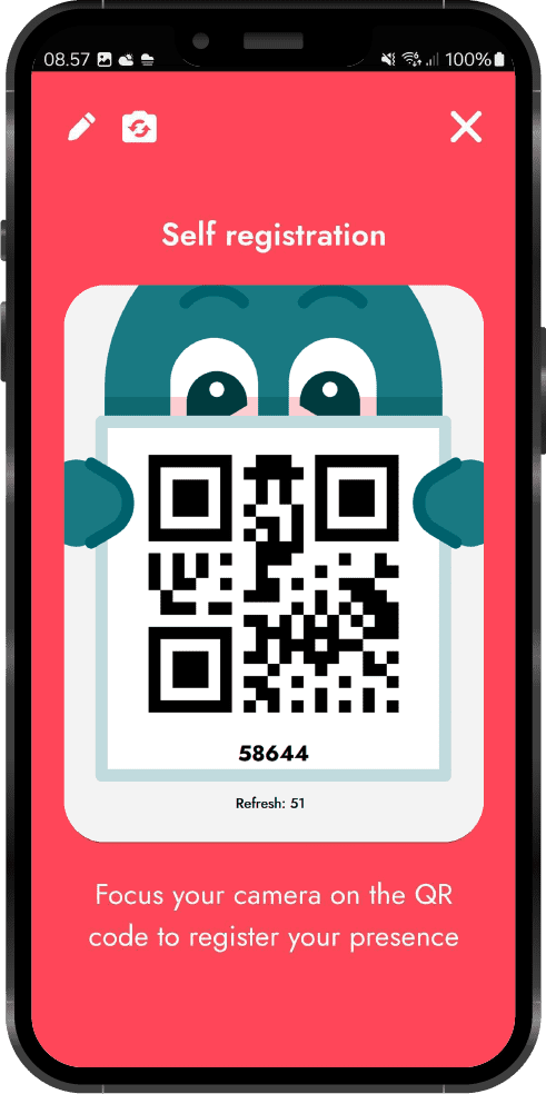 qr Mobile Screen for self-registration with a QR and a numerical code on a red background.