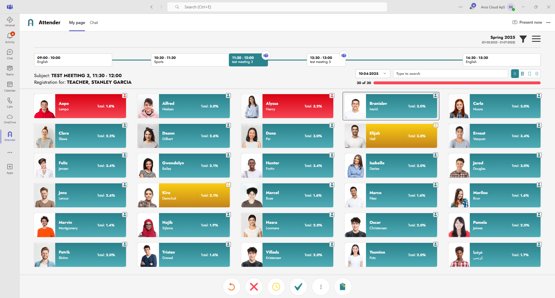 Listview of a class for attendance registration with Attender in Teams